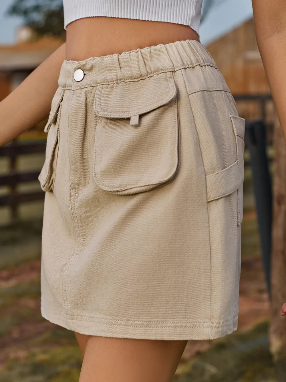 Elastic-Waist Pocketed Denim Skirt by Manny