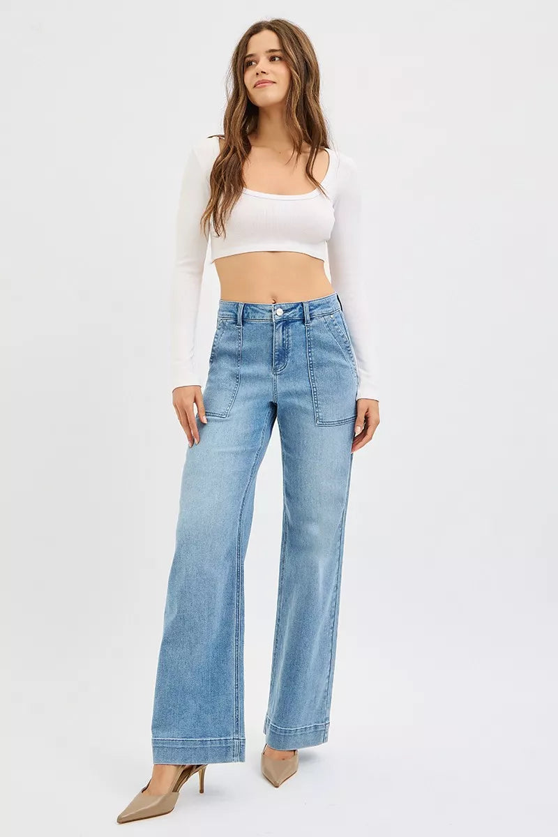 Risen High Rise Straight Leg Jeans in Medium Wash
