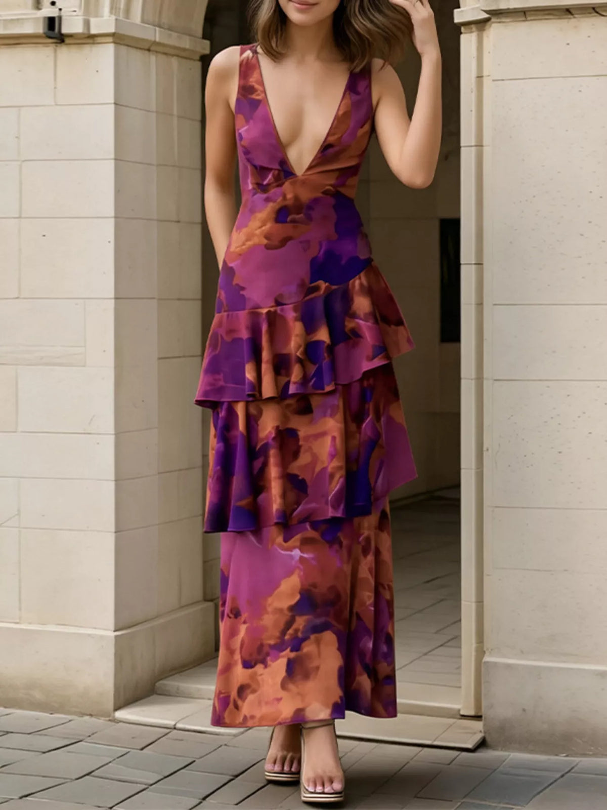 Floral V-Neck Maxi Dress in Deep Purple
