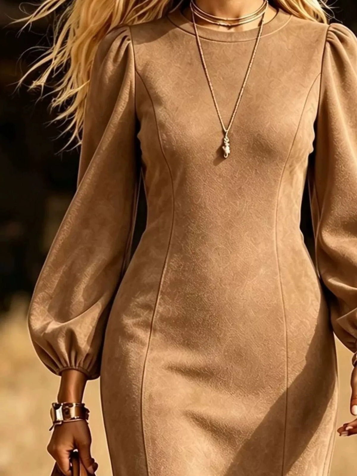 Fringe Round Neck Balloon Sleeve Dress