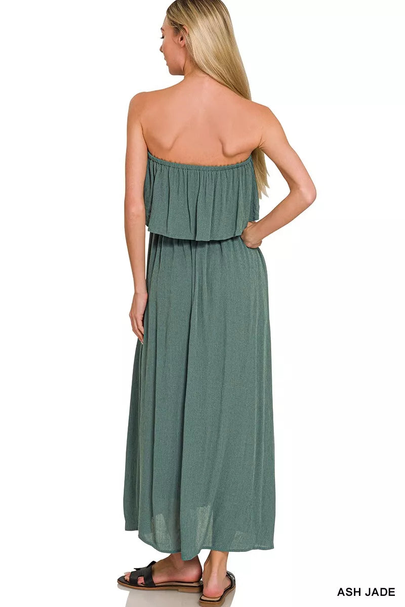 Zenana Crinkle Strapless Maxi Dress in Ash Jade