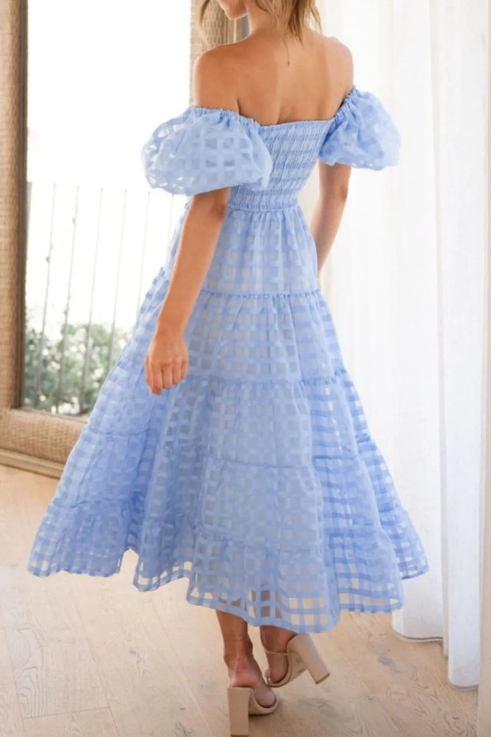 Off Shoulder Puff Sleeve Midi Dress