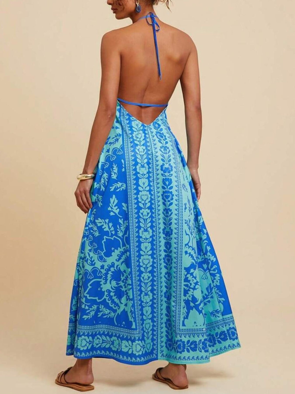 Bohemian Floral Halter Maxi Dress in Blue