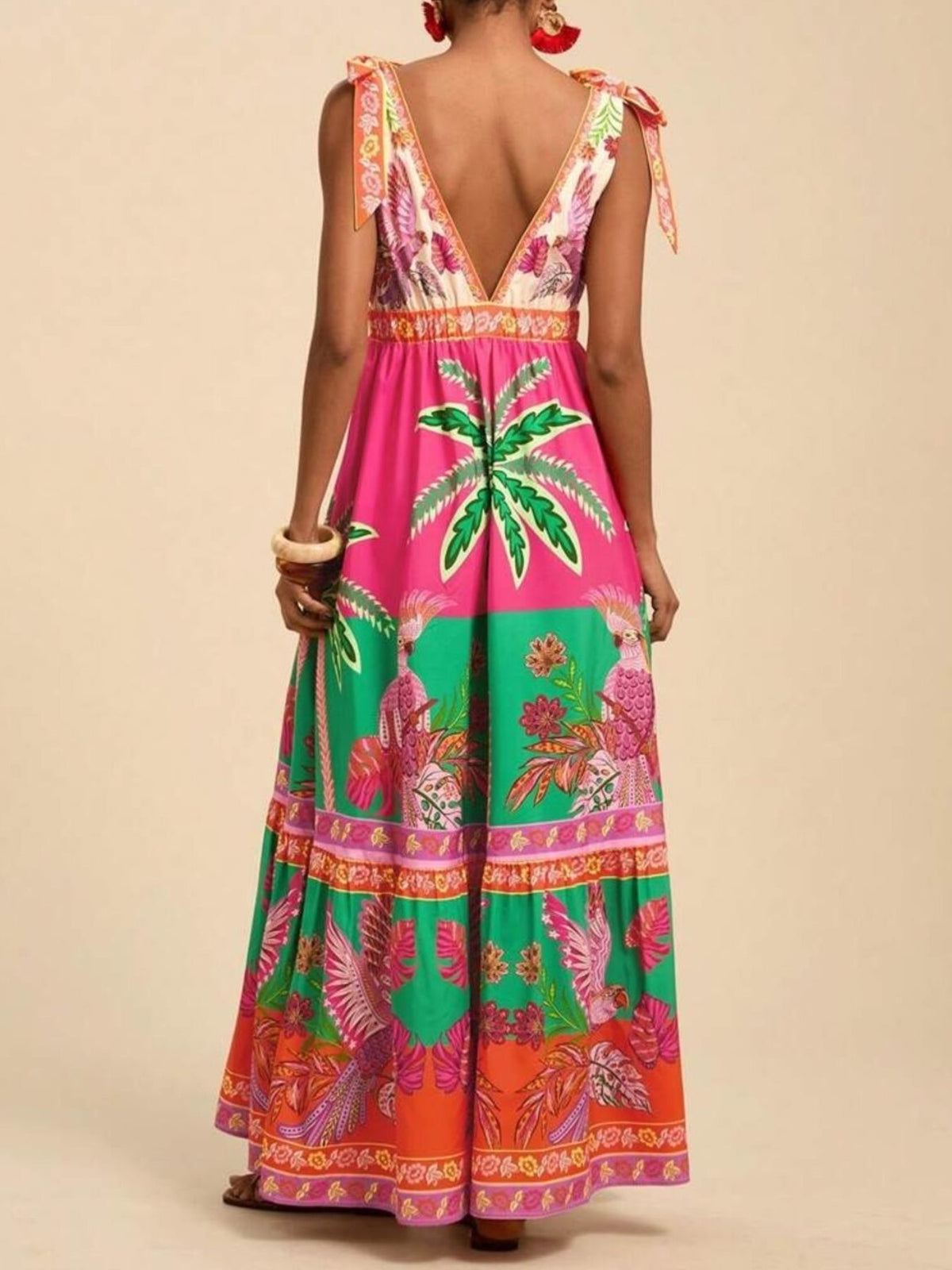 Tropical Print Tie-Shoulder Maxi Dress in Hot Pink