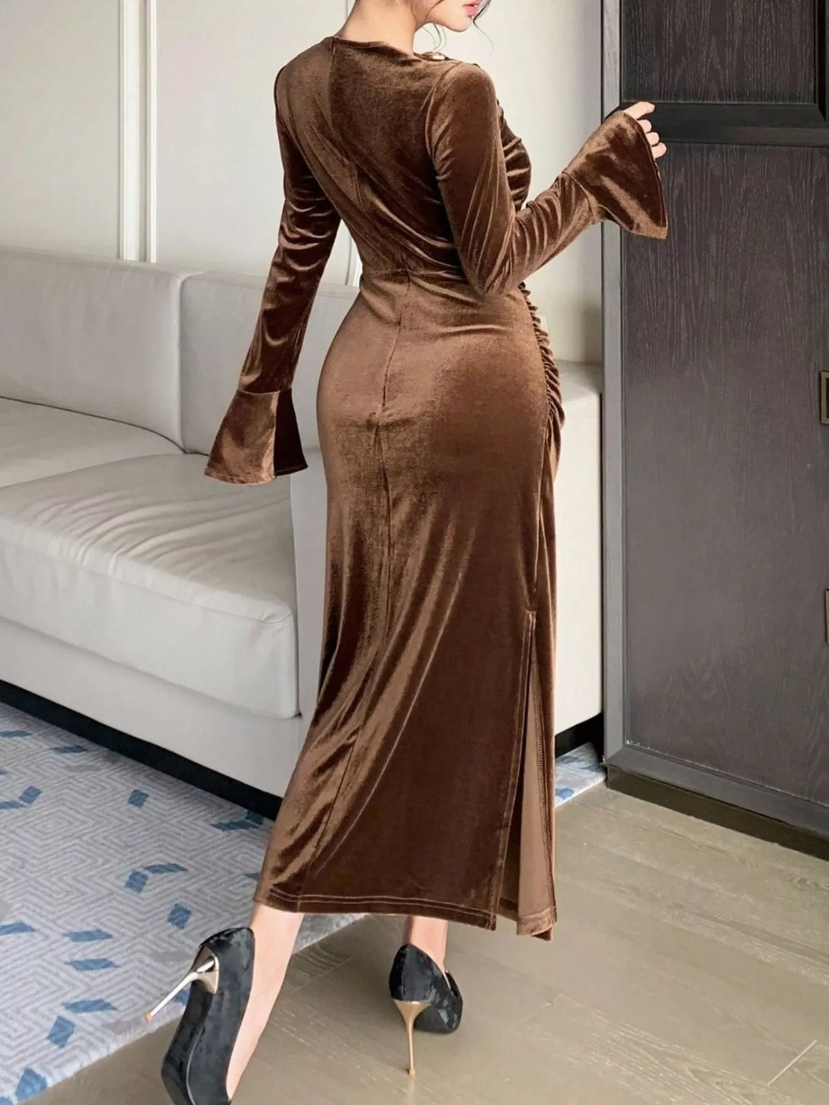 Velvet Ruched Bodycon Midi Dress in Brown