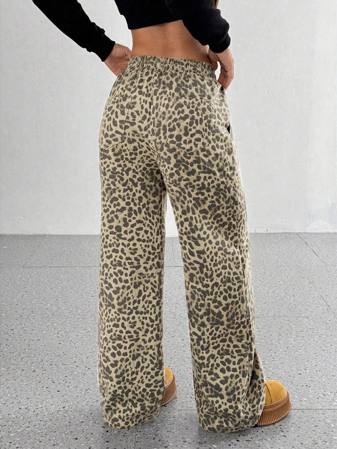 Leopard Print Wide Leg Pants, Plus Size