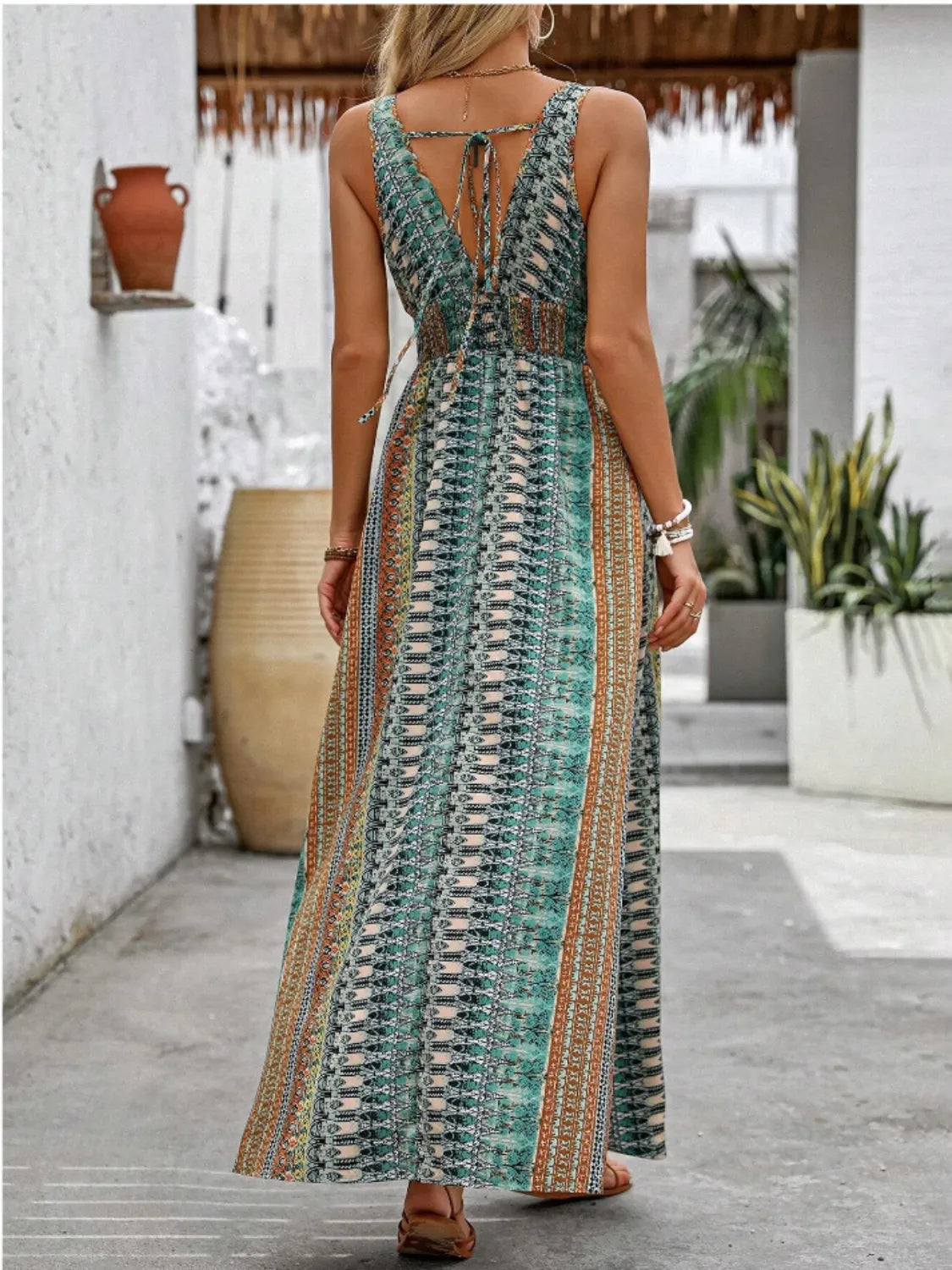Tied-Back Printed Maxi Slit Dress