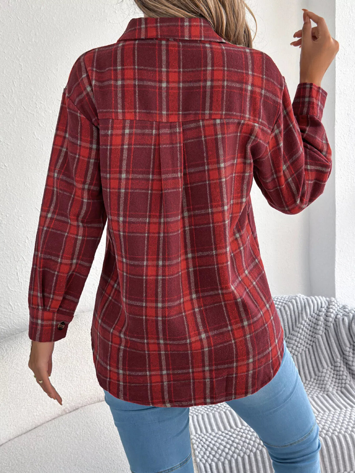 Plaid Button-Down Shacket by Clise