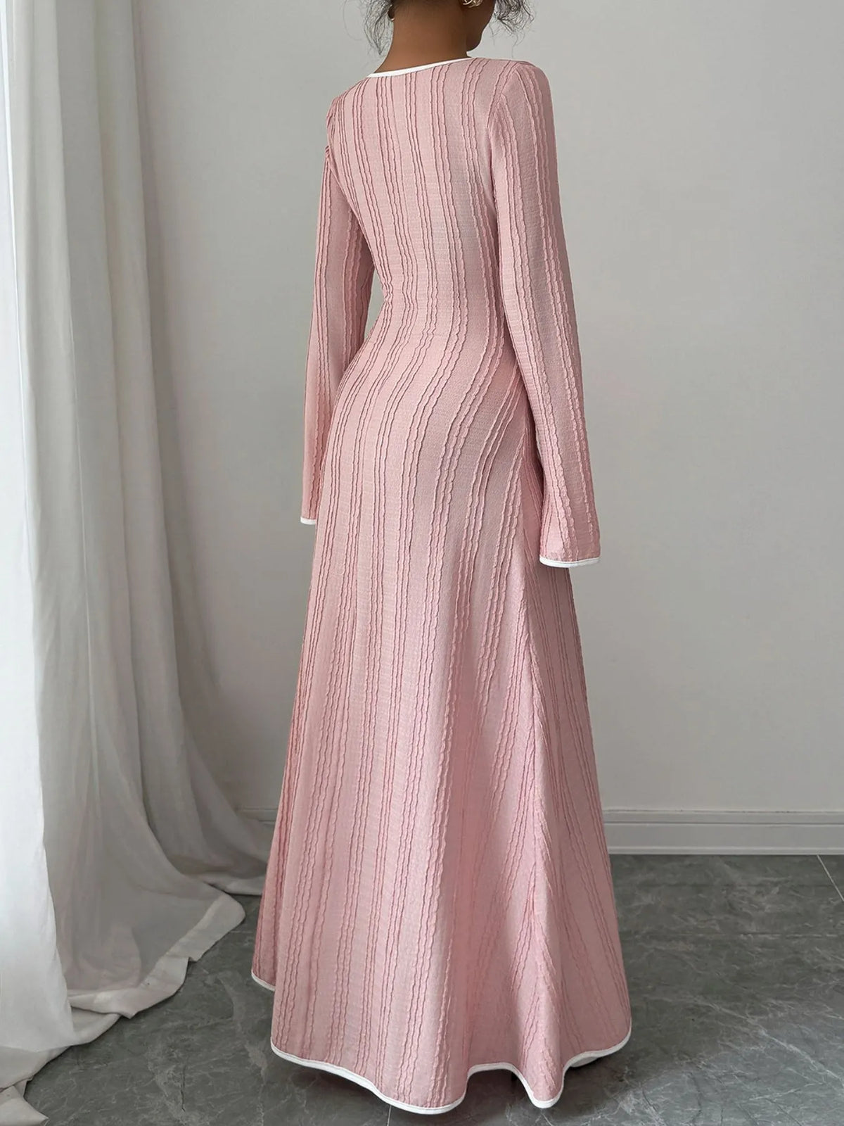 Textured Square-Neck Long-Sleeve Maxi Dress in Blush Pink