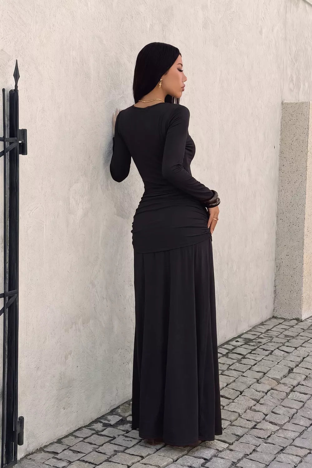 V-Neck Lace Trim Maxi Dress in Black