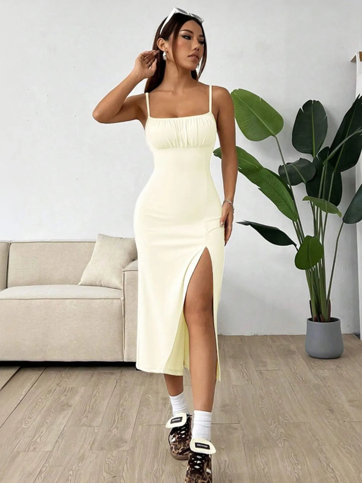 Ruched Slit Cami Midi Dress