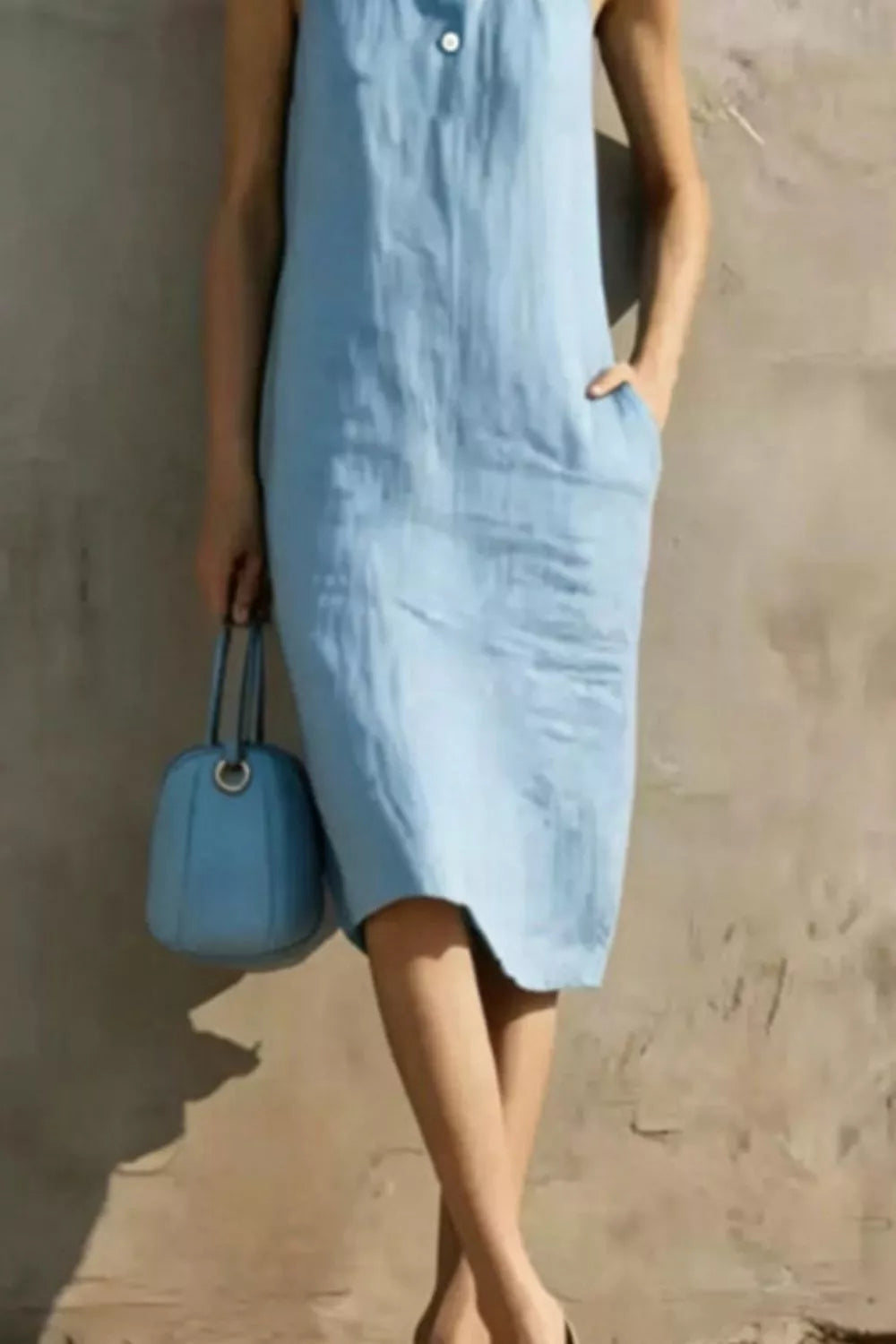 Button Detail Midi Dress in Light Blue