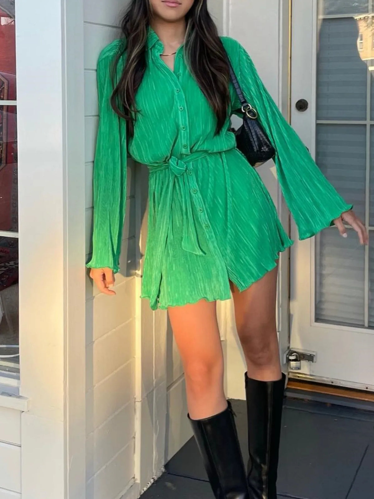 Printed Long-Sleeve Button-Front Mini Dress