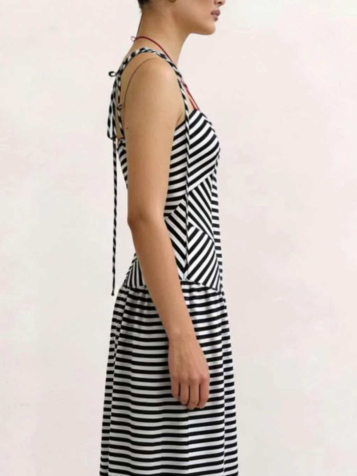 Striped V-Neck Tie-Shoulder Maxi Dress in Black
