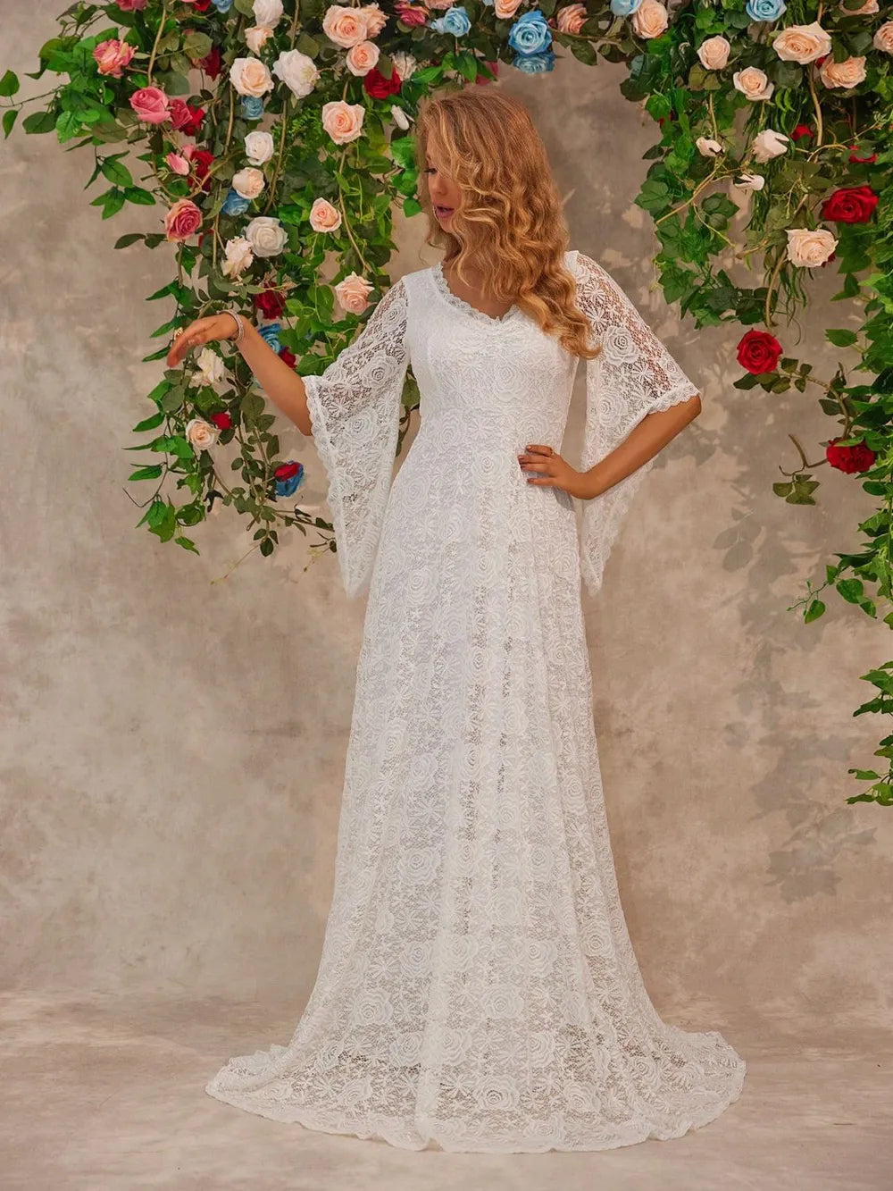Lace V-Neck Floor-Length Dress in White by Jubilair