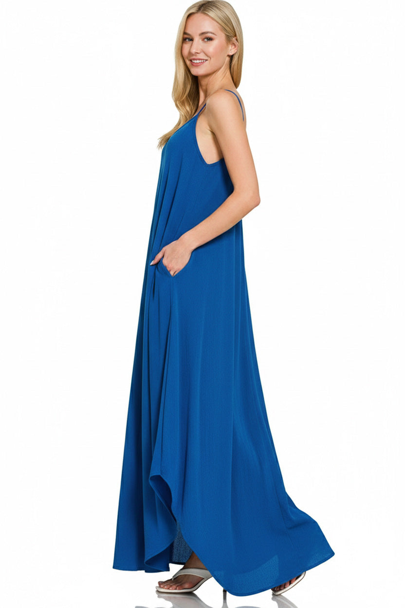 Zenana Crinkle Cami Dress in Classic Blue
