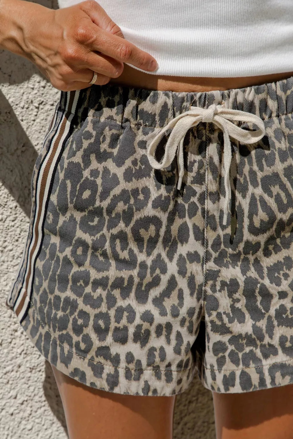 Leopard Striped Drawstring Denim Shorts