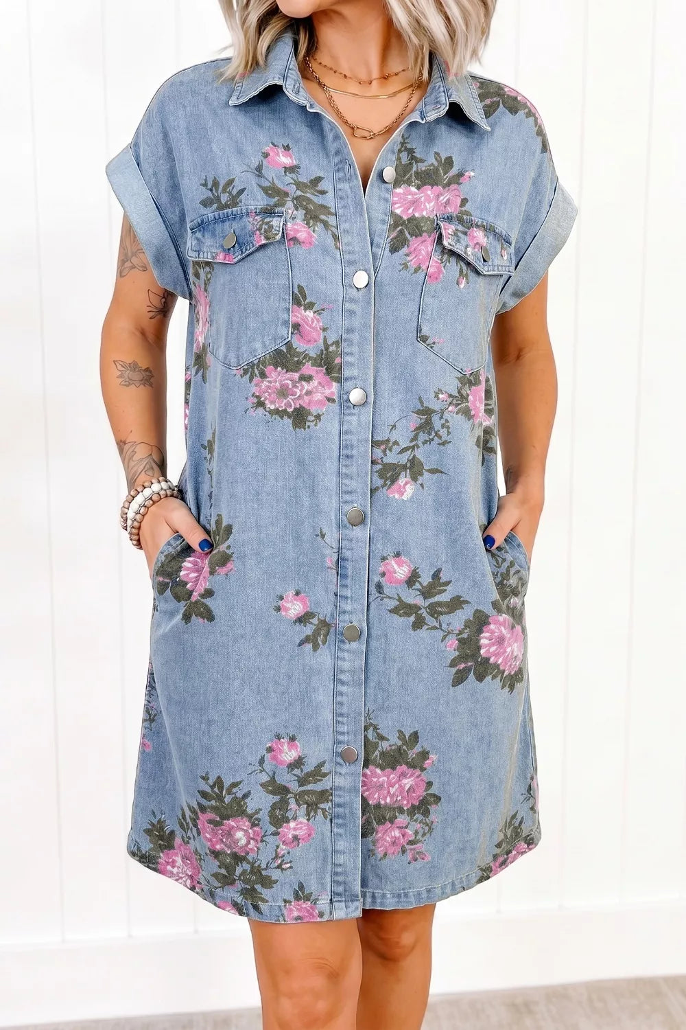 Floral Print Denim Shirt Dress in Medium