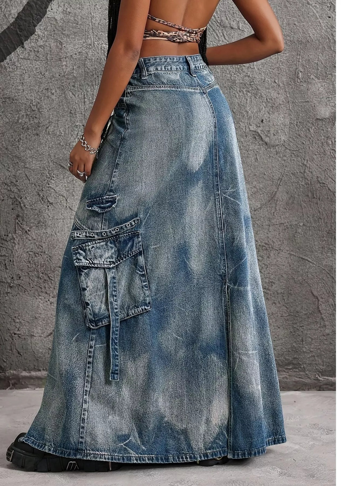High-Waisted Denim Maxi Skirt in Blue