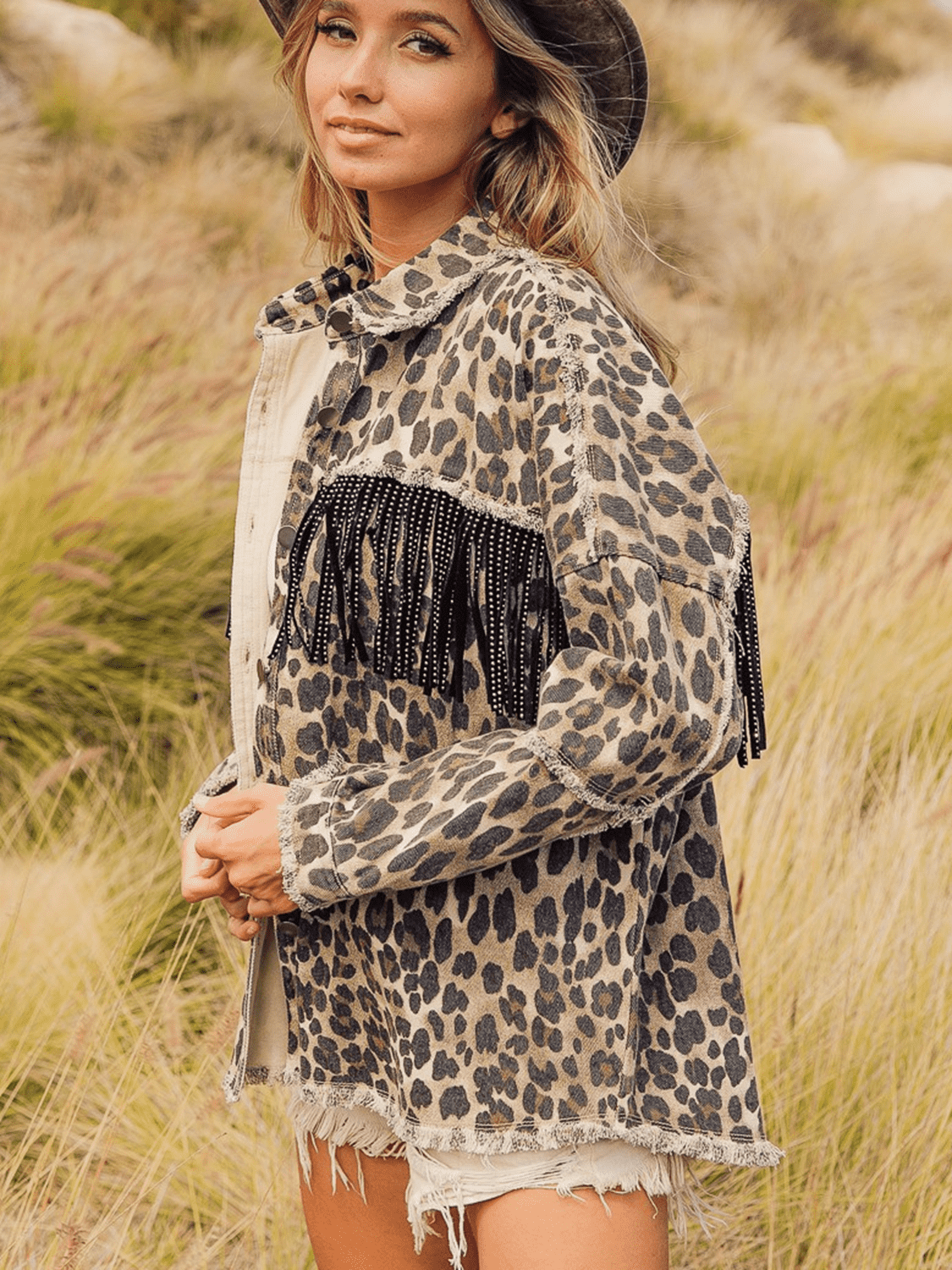 Leopard Fringe Detail Collared Denim Jacket