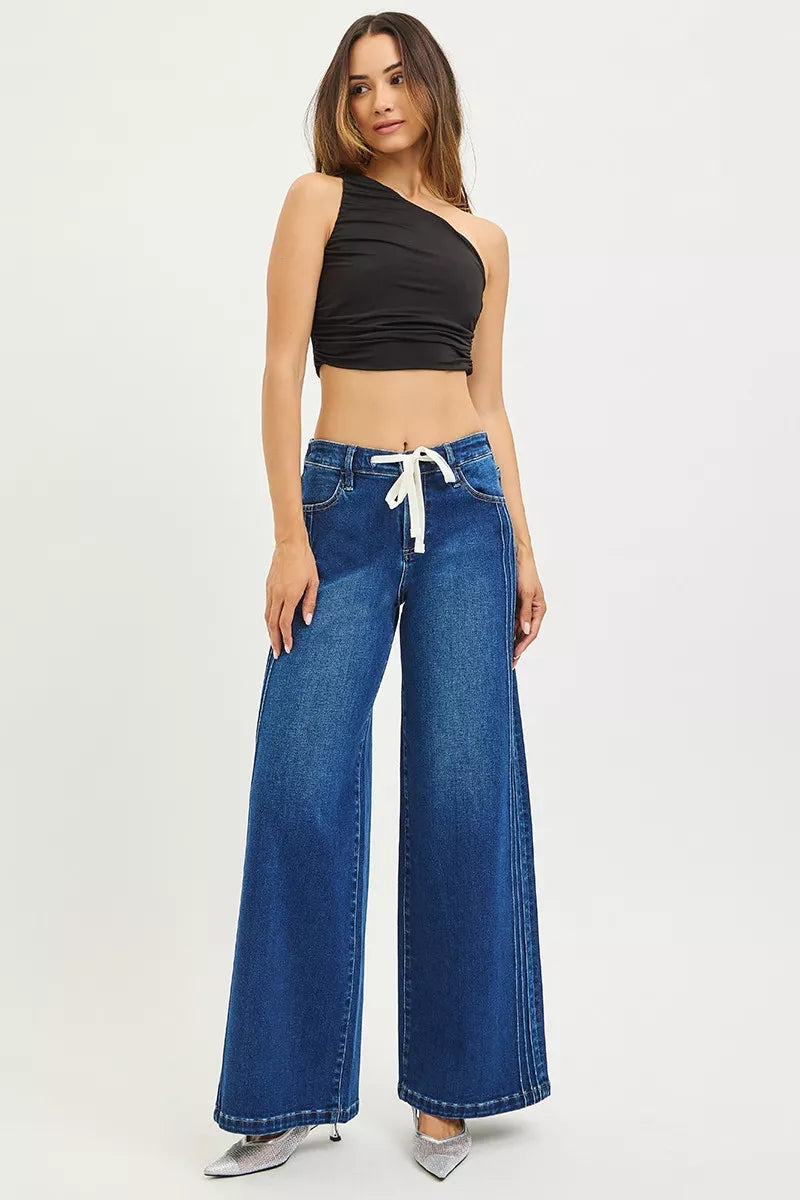 Risen Pintuck Drawstring Wide Leg Jeans in Dark Wash