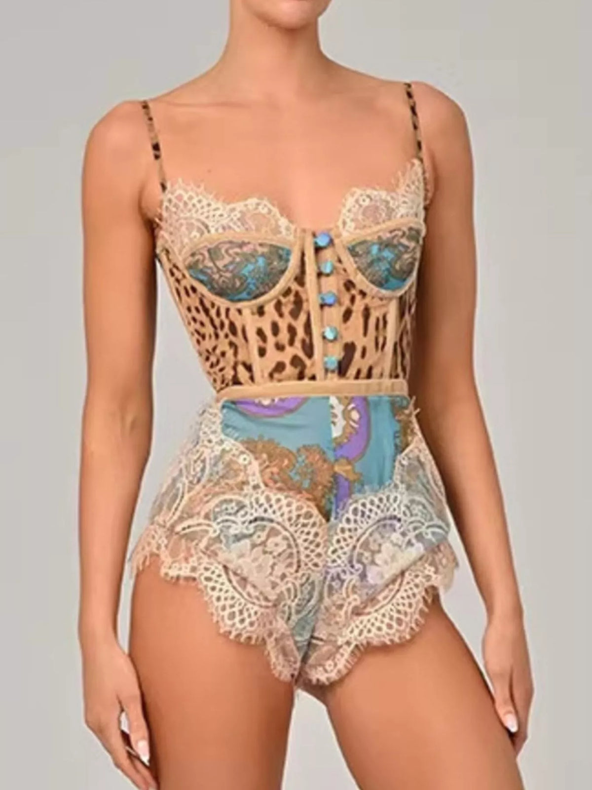 Leopard Print Lace-Trim Romper in Multicolor