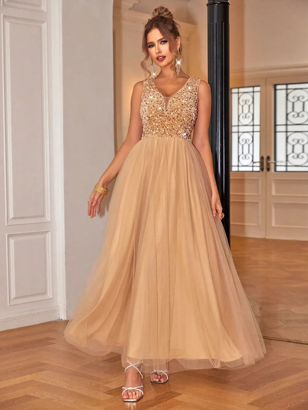 Sequin V-Neck Dress in Tan by Jubilair