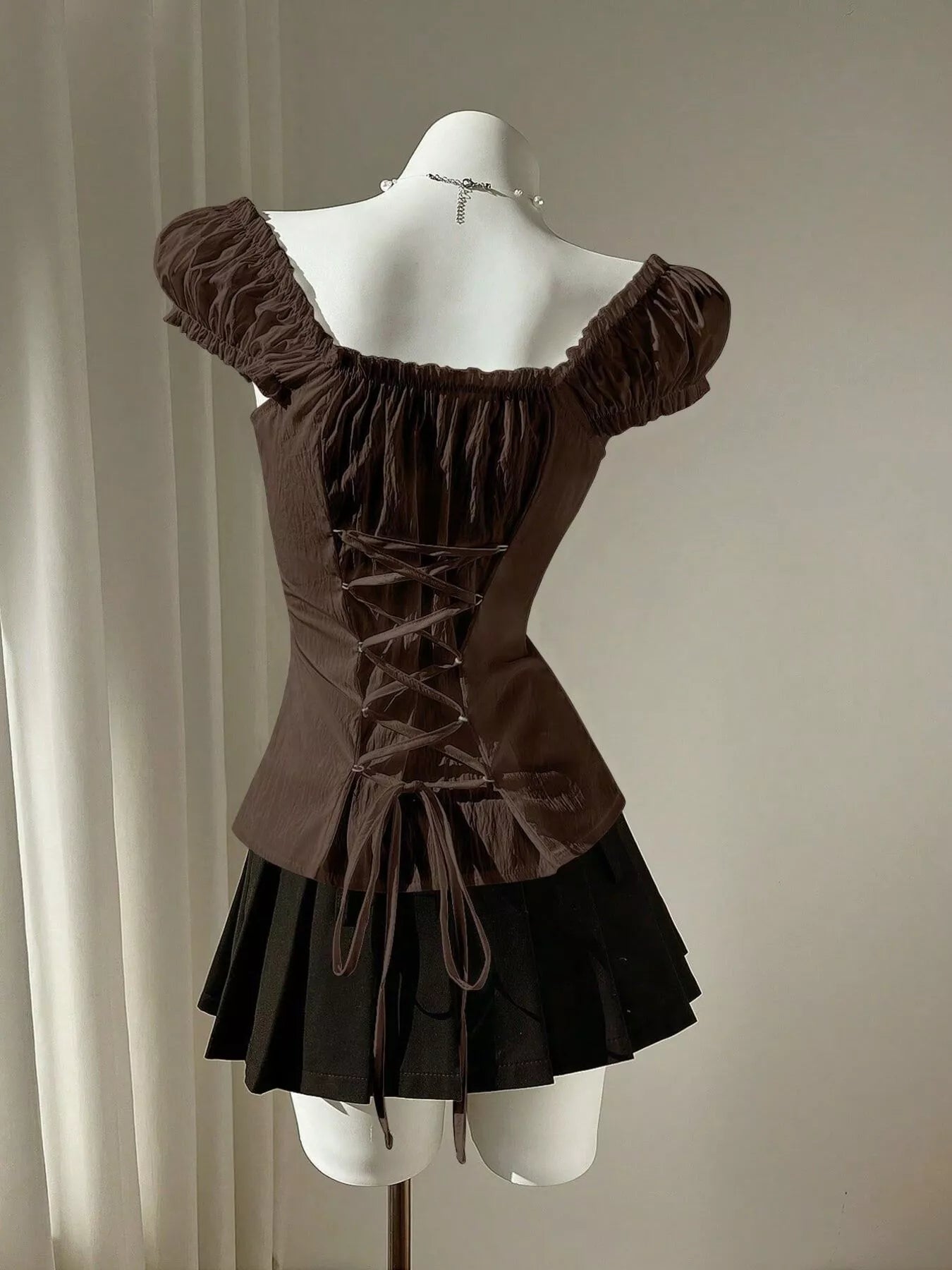 Puff Sleeve Ruched Button-Up Blouse in Brown