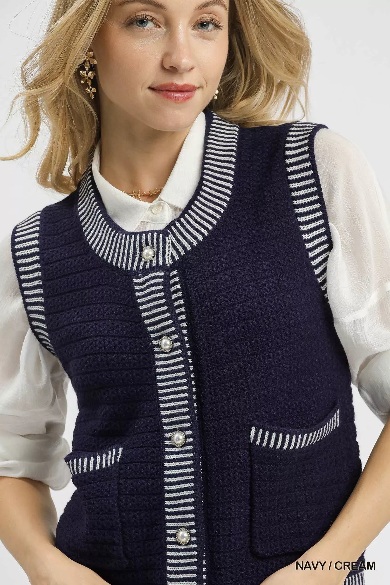 Umgee Striped Trim Button-Down Sweater Vest in Navy and Cream in Navy / cream