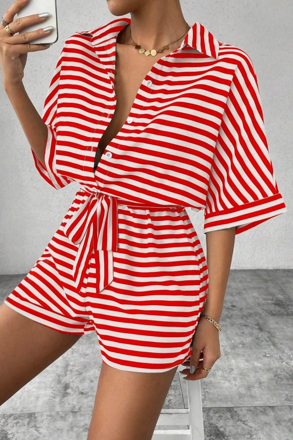 Striped Collared Tie Waist Romper