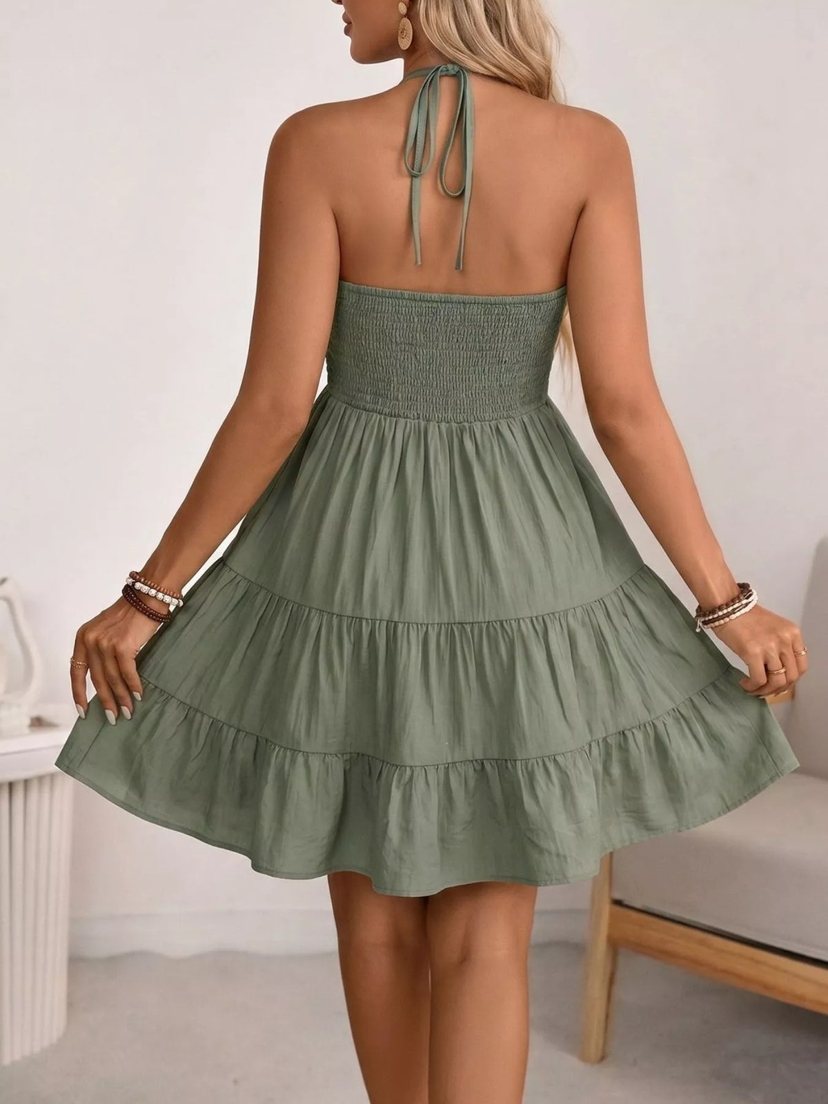 Halter Neck Tiered Mini Dress in Green