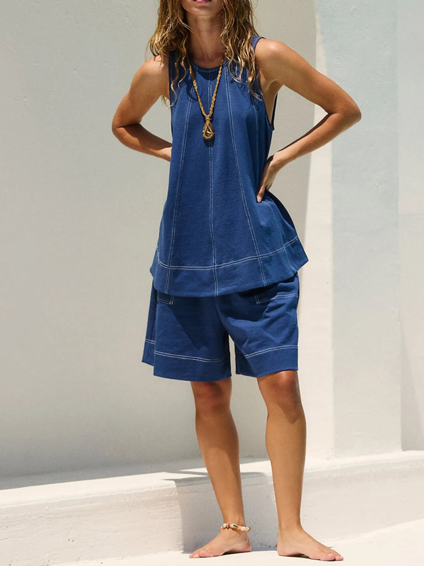 Contrast Stitch Denim Tank and Shorts Set