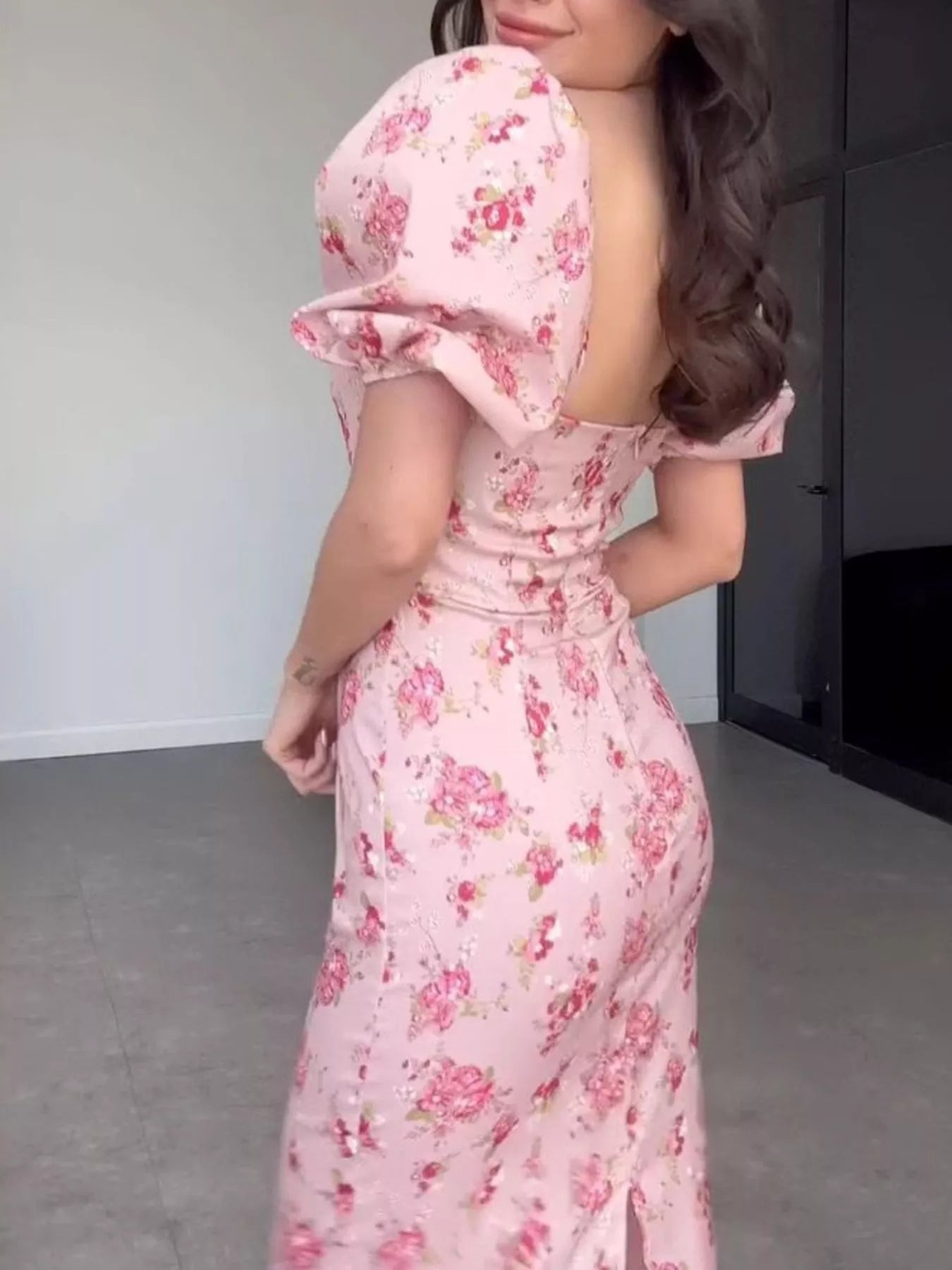 Floral Puff Sleeve Midi Dress in Dusty Pink