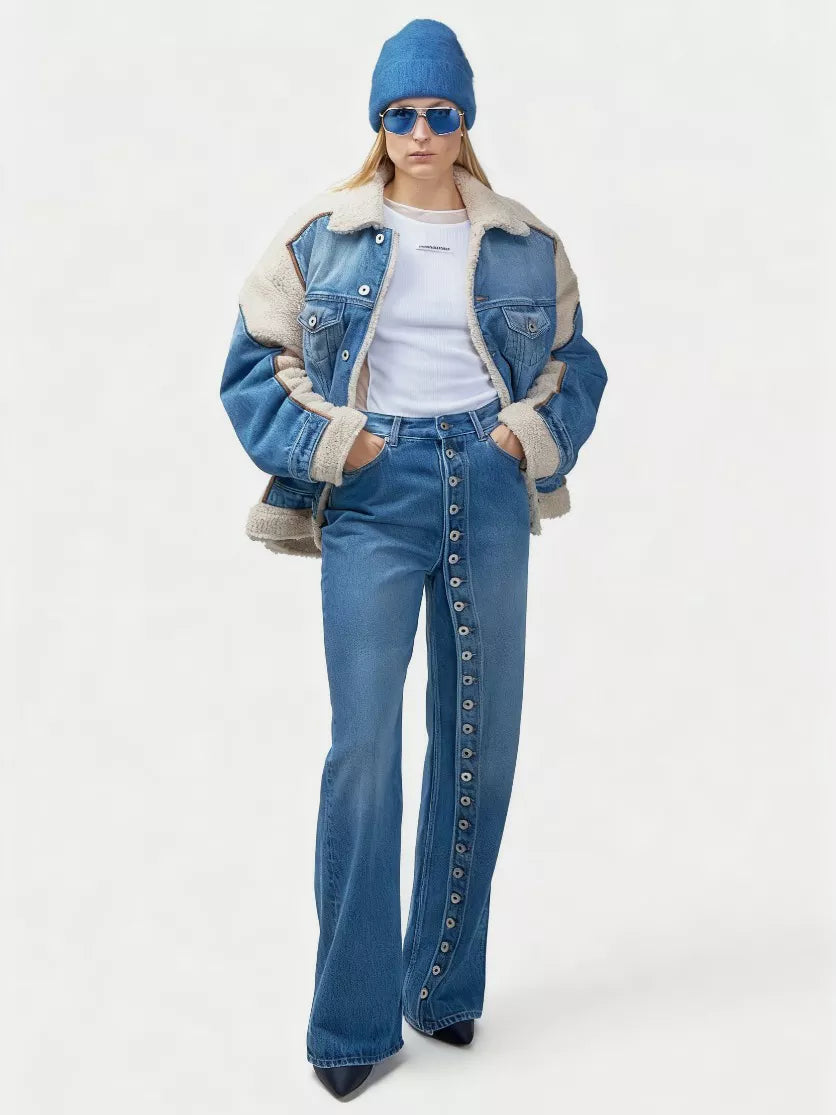 High-Waisted Asymmetric Button-Fly Wide-Leg Jeans in Dusty Blue by Invera