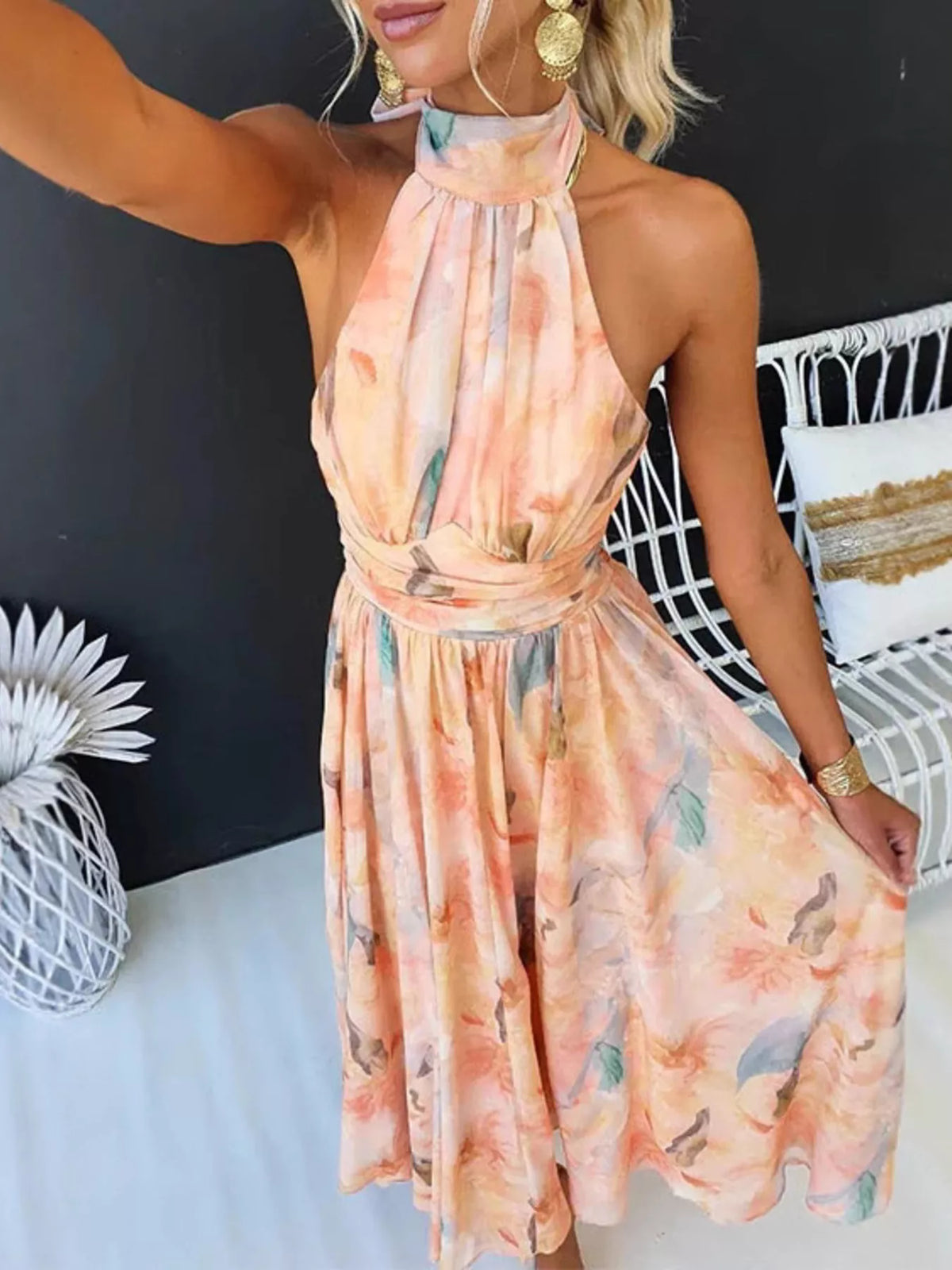 Ruched Halter Floral Maxi Dress in Sherbet