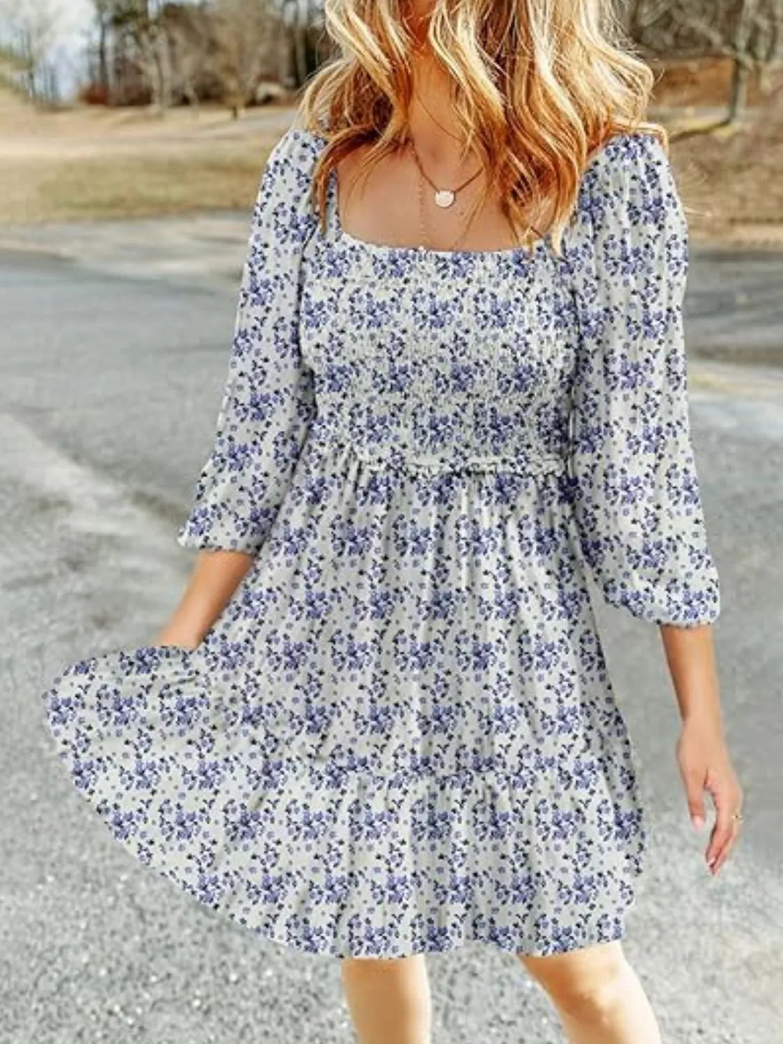 Smocked Floral Square Neck Dress in Apricot