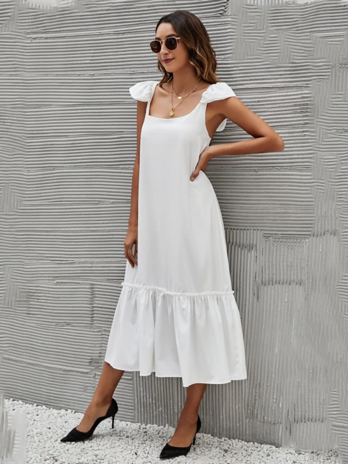 Ruffled Hem Tiered Midi Dress in White by ArtisticExpression