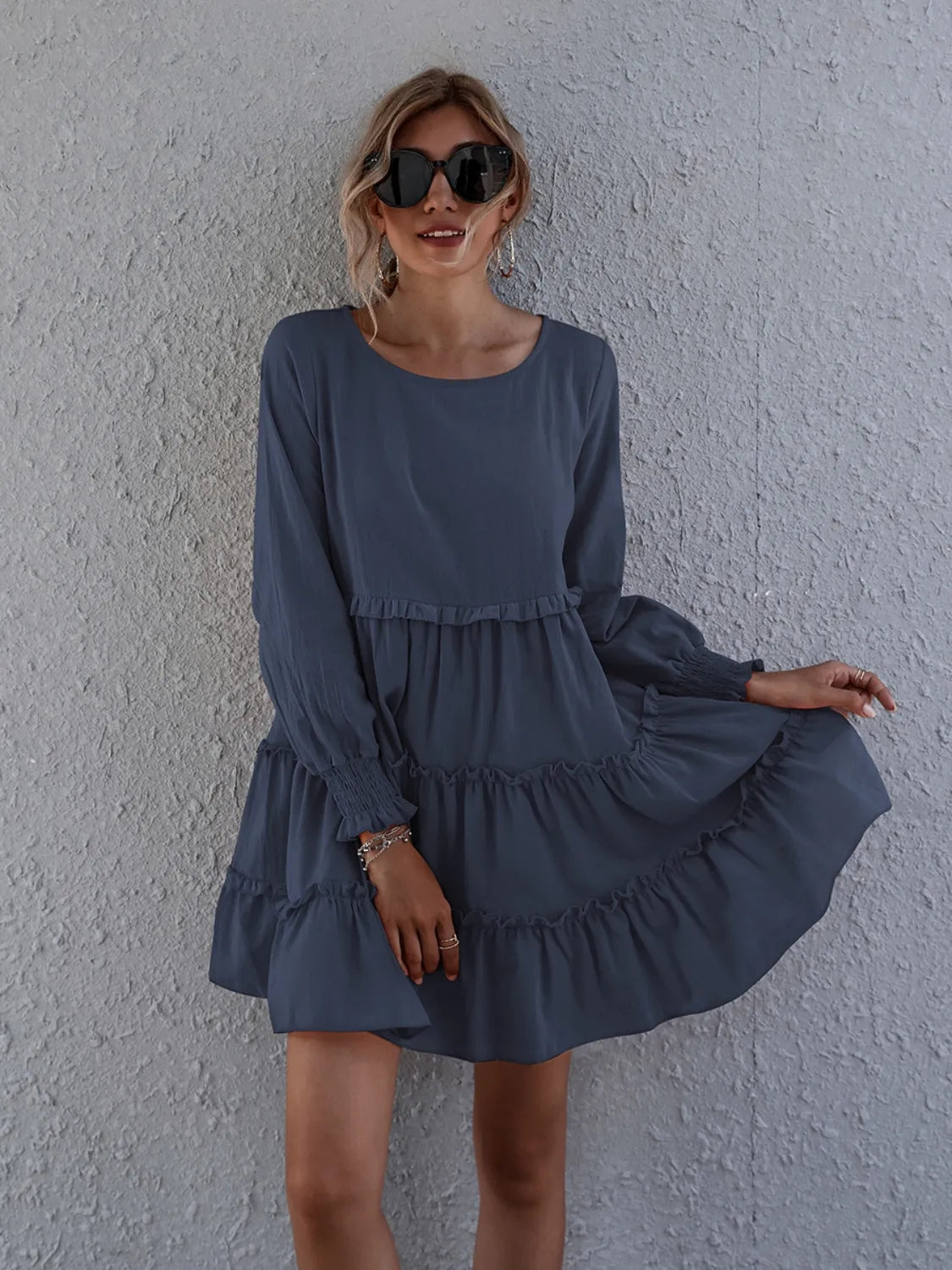 Frill Tiered Long-Sleeve Mini Dress