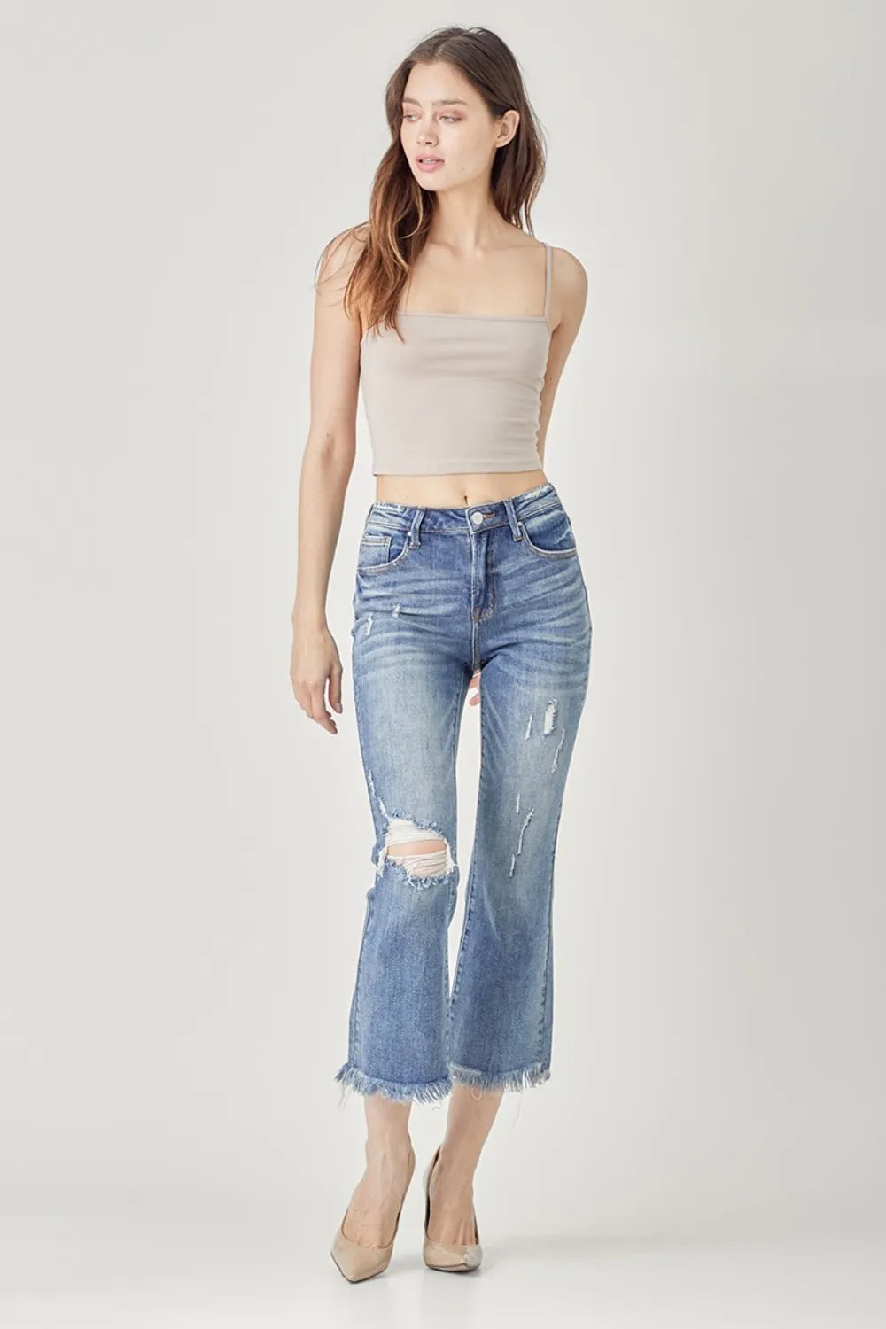 Risen High Waist Distressed Cropped Bootcut Jeans in Dark