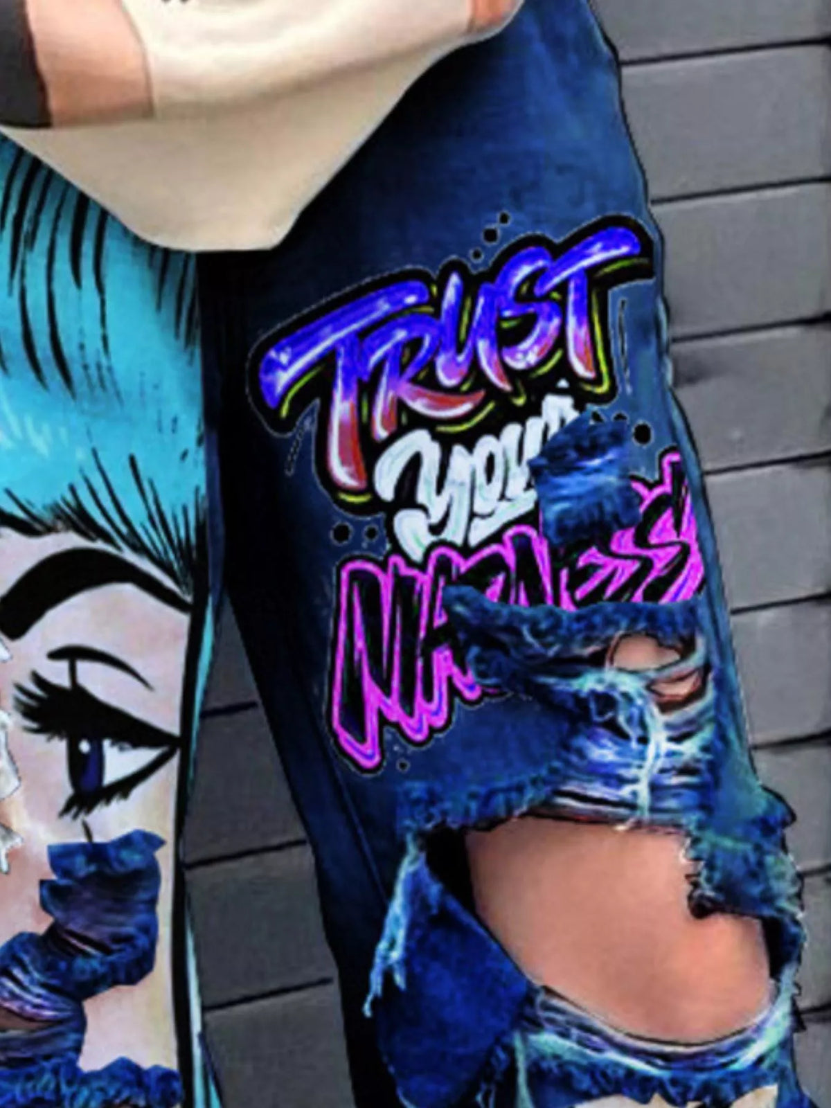 Pop Art Graphic Distressed Wide-Leg Jeans