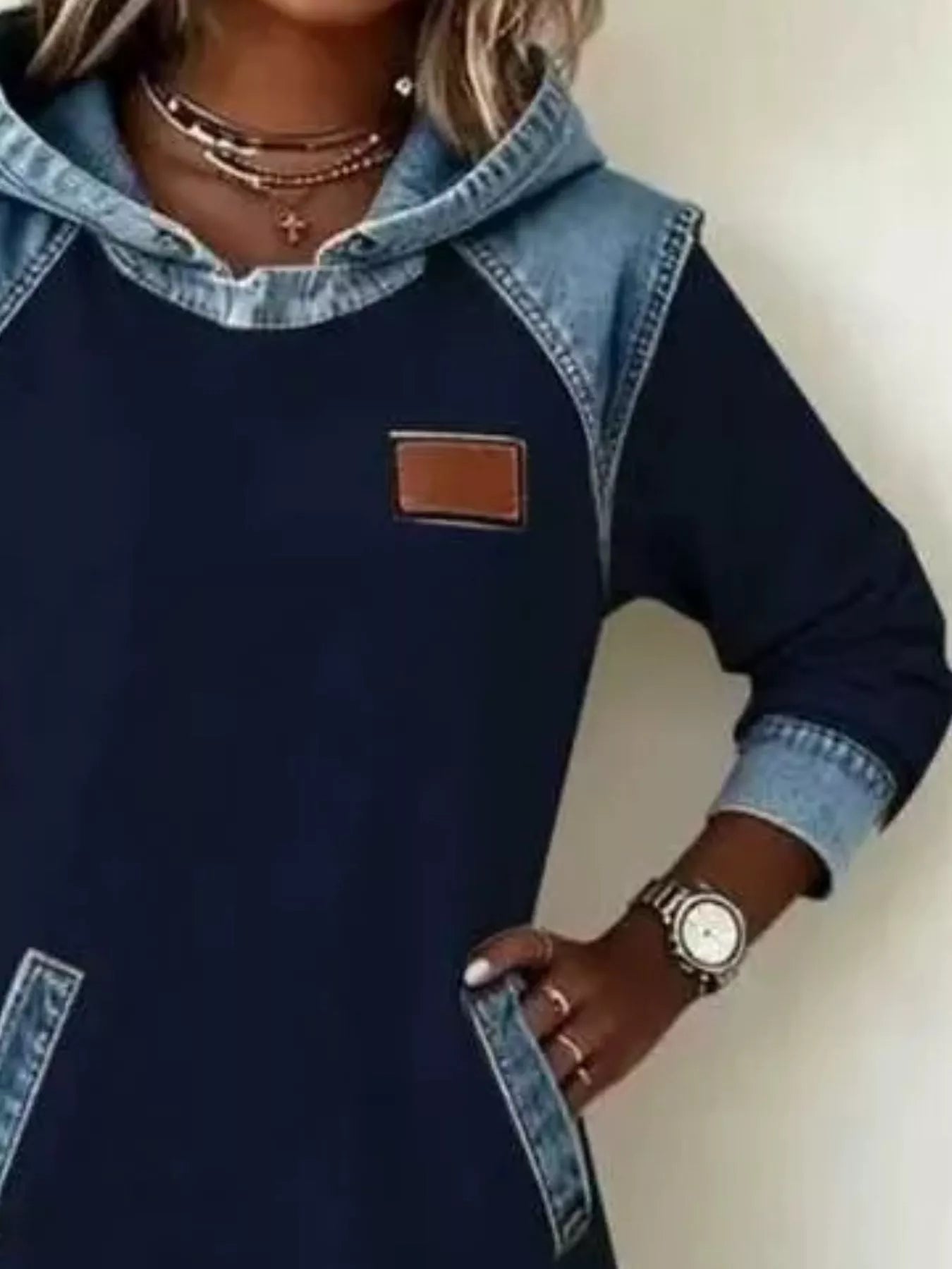 Hooded Denim Patchwork Sweatshirt Dress