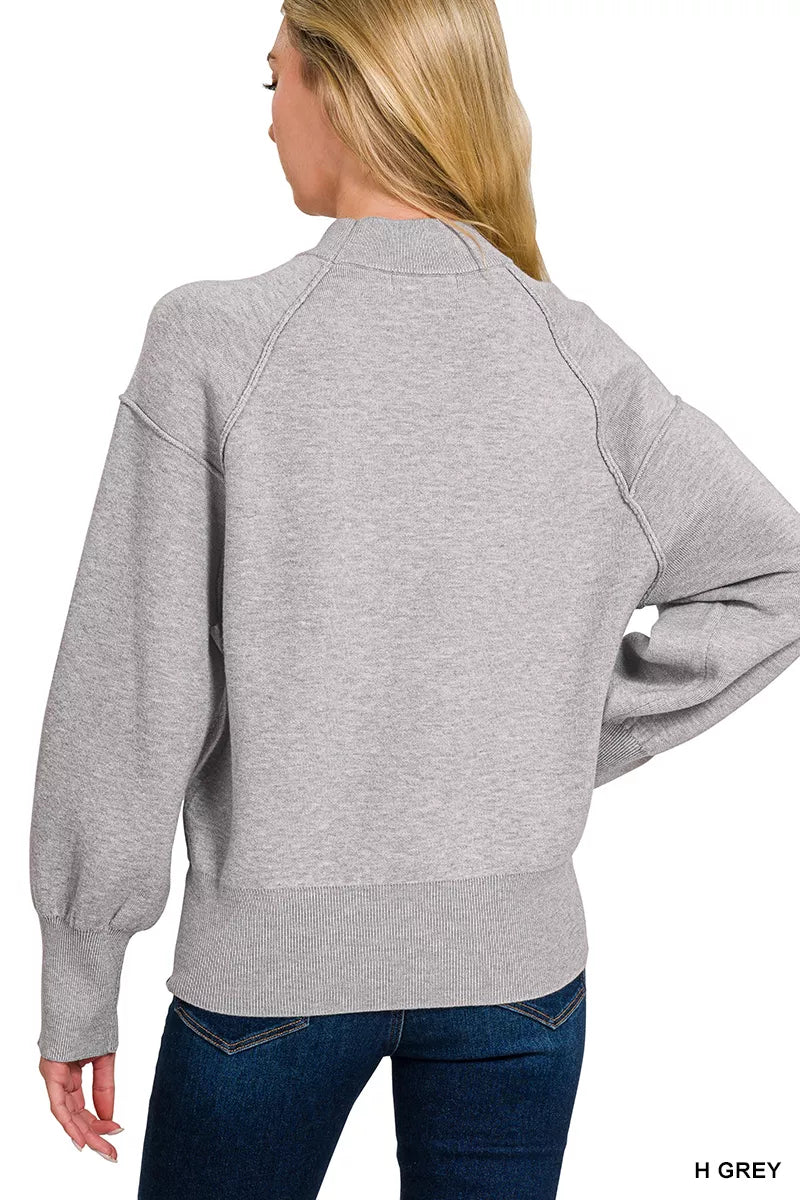 Zenana Viscose Mock Neck Exposed Seam Sweater in Heather Grey in H grey