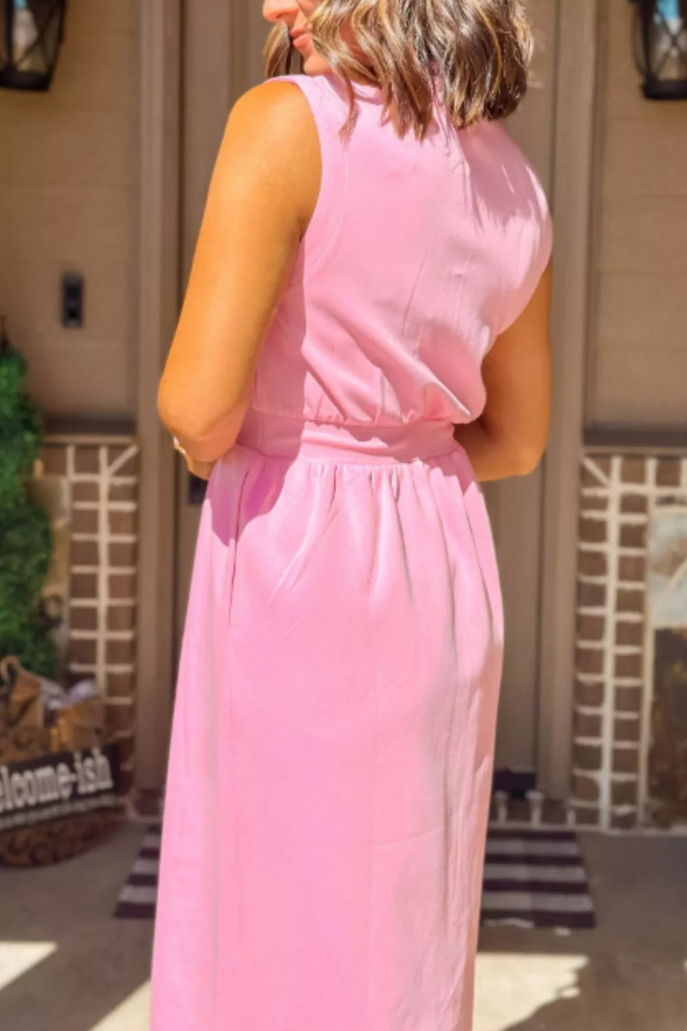 Sleeveless Zipper-Front Midi Dress in Pink