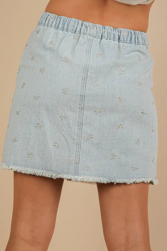 Embroidered Bow Print Denim Mini Skirt in Light Indigo in Lt Indigo