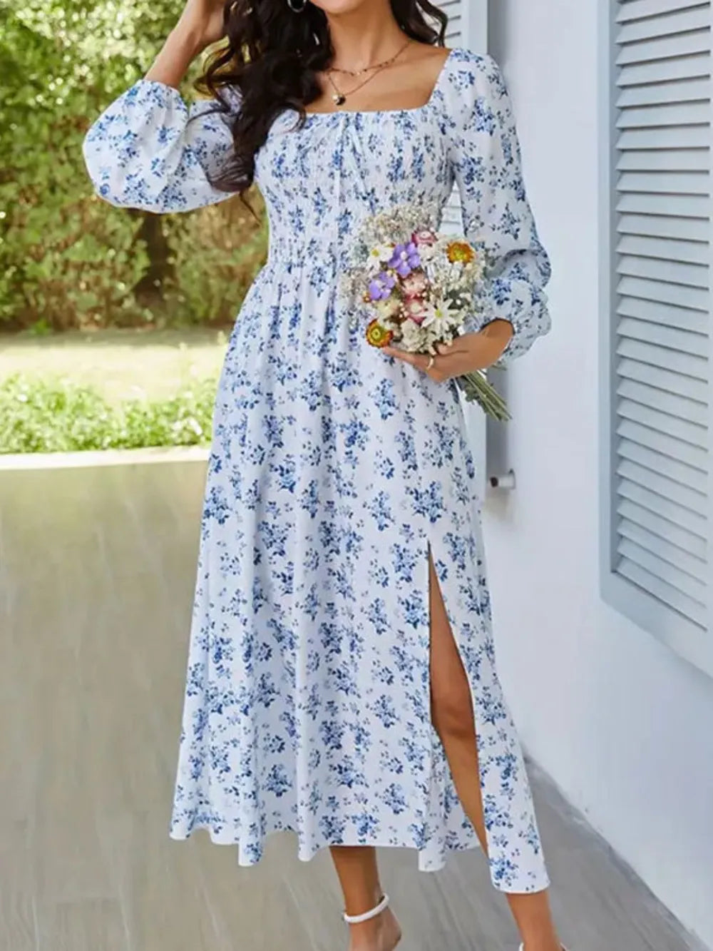 Smocked Floral Square Neck Midi Dress