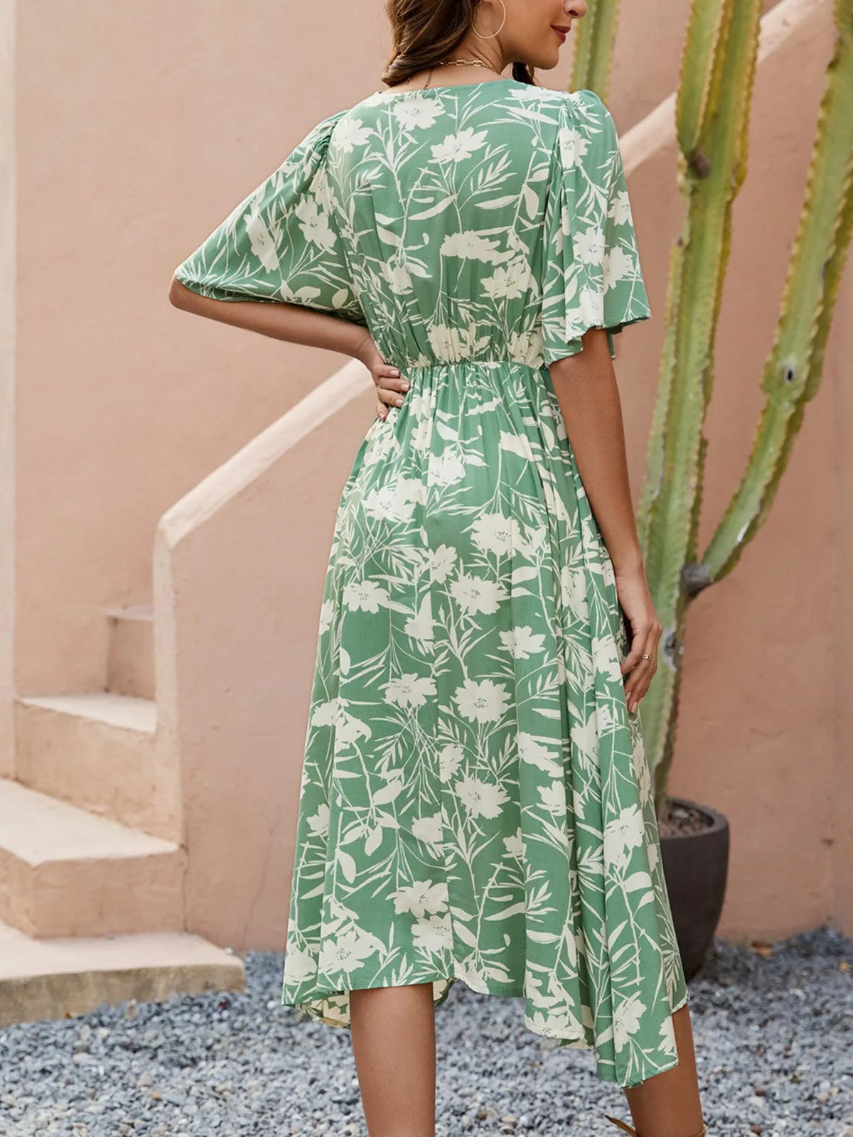 Printed Flutter Sleeve Midi Dress in Gold