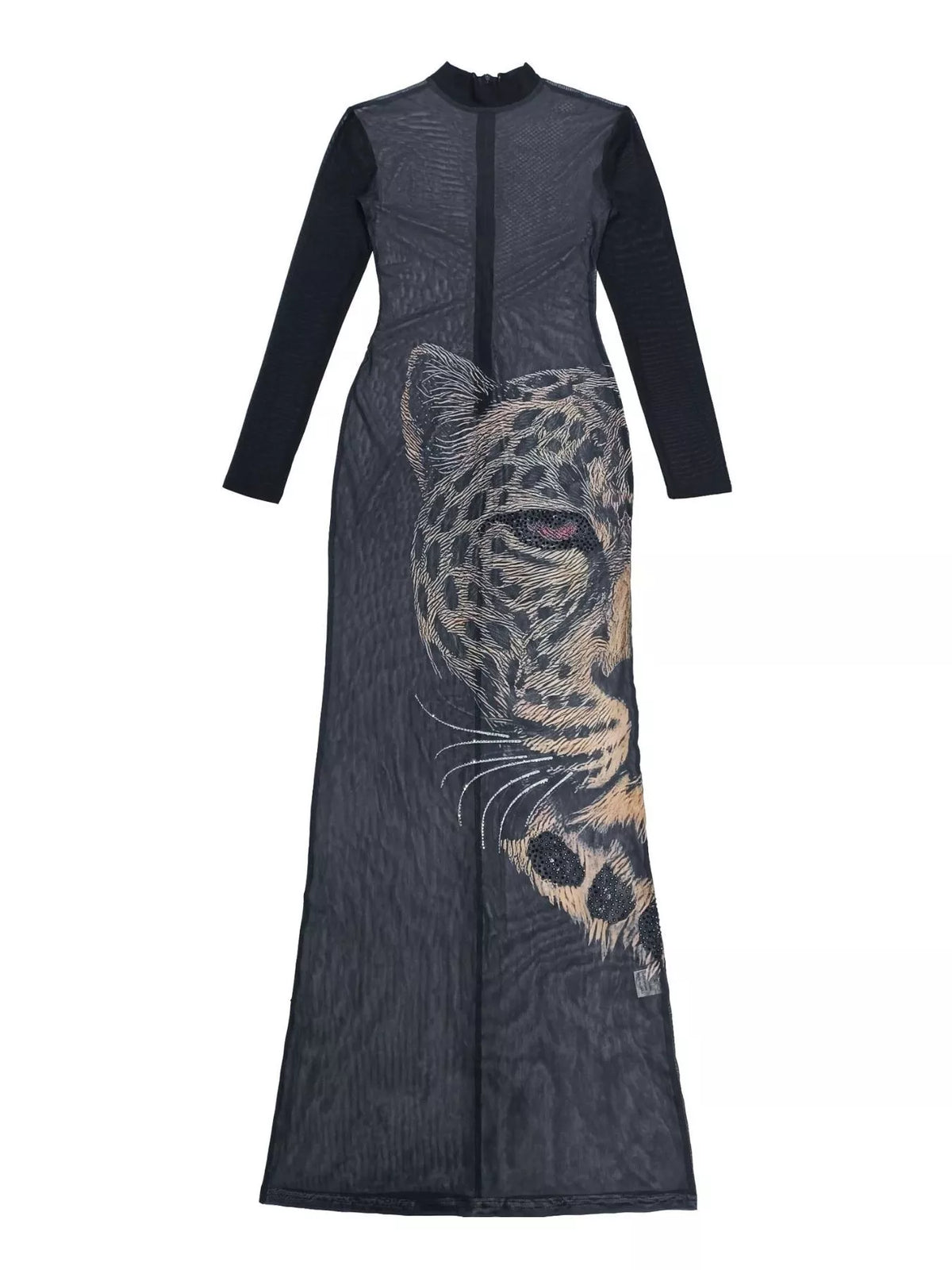 Leopard Print Mesh Maxi Dress in Black