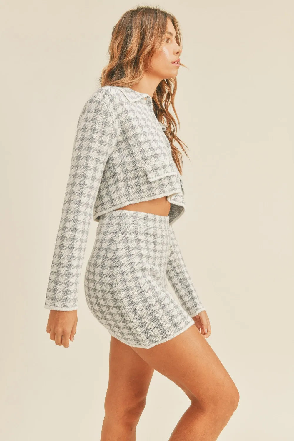 Houndstooth Cropped Cardigan and Mini Skirt Set in Blue