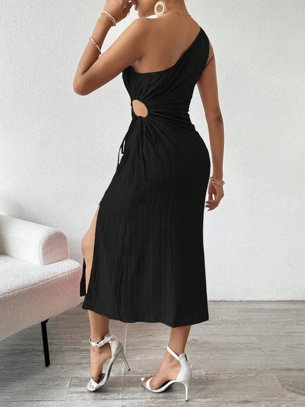 Side Slit Cutout Single Shoulder Dress