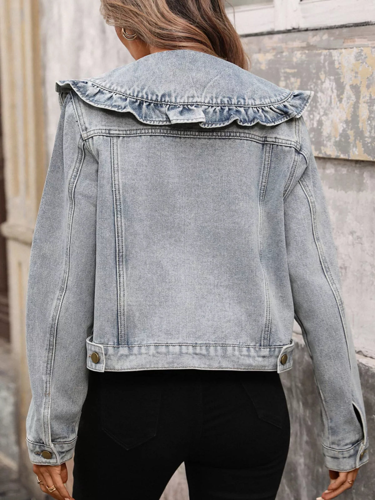 Ruffle Collar Denim Jacket by Moni Wear